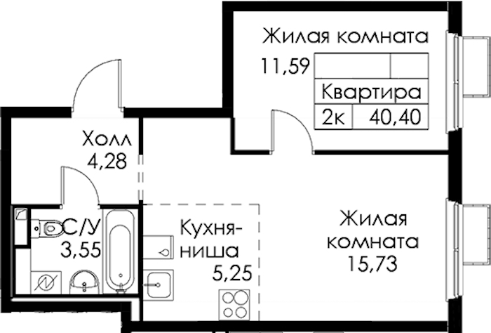 1-комнатная квартира 40.4 м², 11/15 эт., ЖК «Янинский лес»